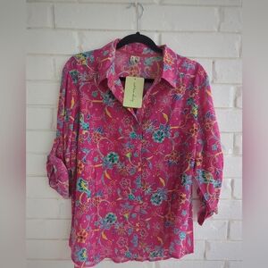 Cotton Daisy Button Down Floral Rolltab Sleeve Lightweight Shirt XL
